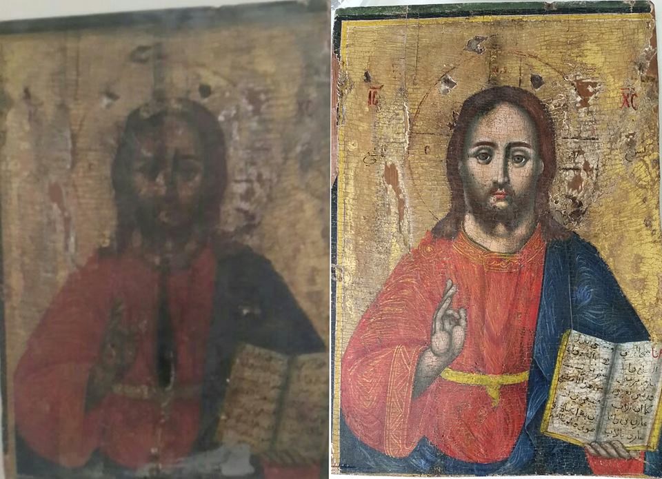 Before and after restoring the icon of The Christ Pantokrator, from a church collection
