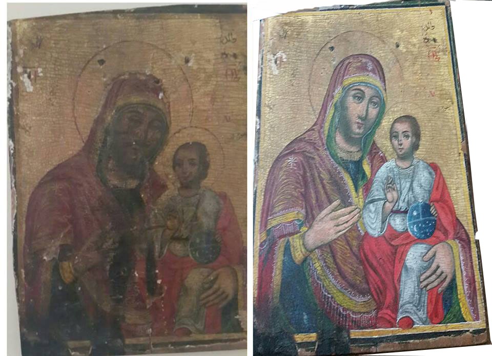 Before and after restoring the Icon of Virgin Mary from a church collection
