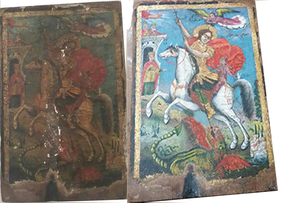 Before and after restoring the icon of Saint Michael from a church collection
