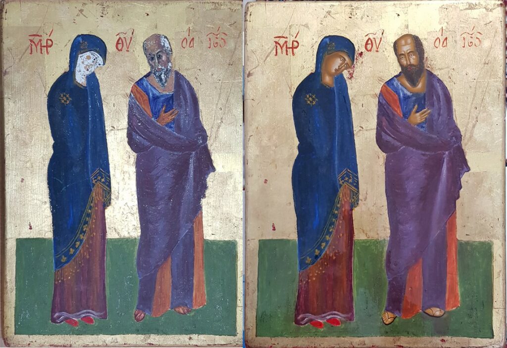 Before and after restoring the icon of Mother of God and Saint John from a private collection